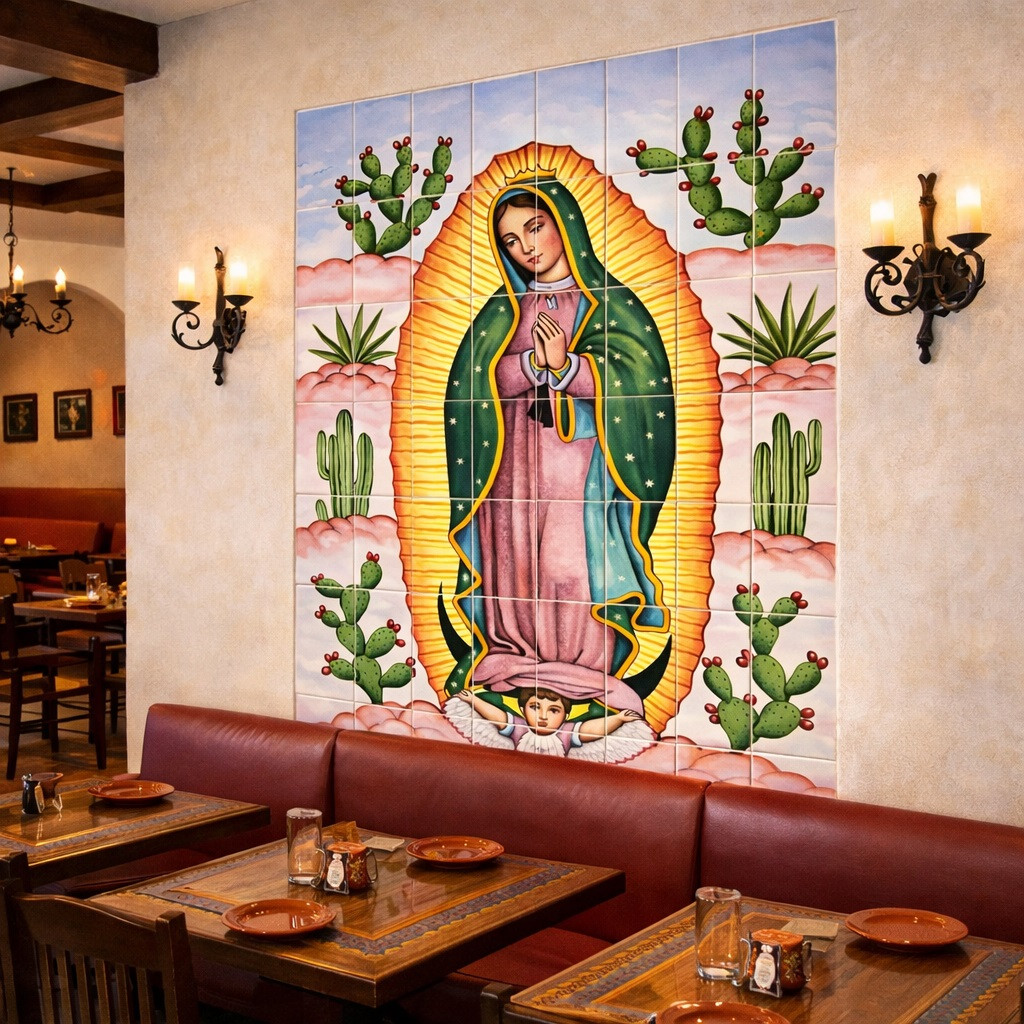 Virgin Guadalupe cactus talavera tile mural design in restaurant wall creating cultural and spiritual ambiance