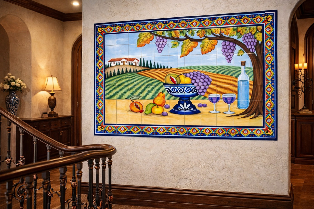 Mexican vineyard talavera tile mural design showcased in a house interior as a decorative artisan tile statement
