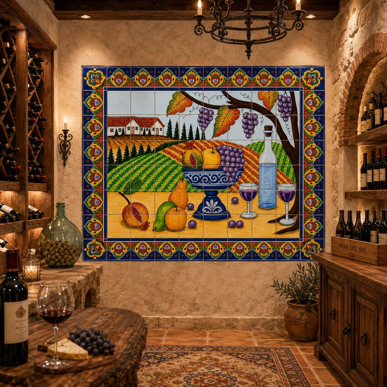 Mexican vineyard talavera tile mural design in a wine cellar with wood racks and stone walls.