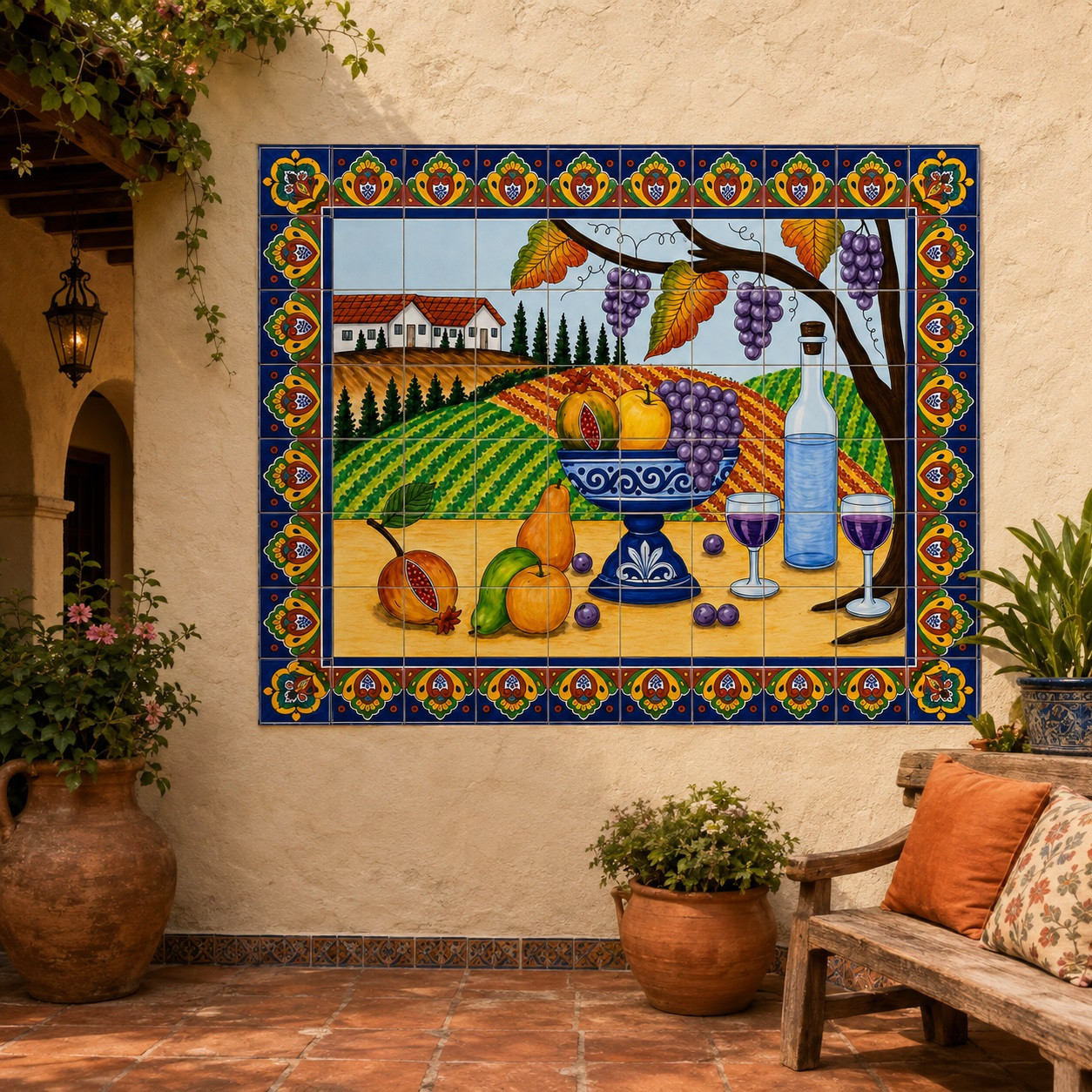 Mexican vineyard talavera tile mural design in a hacienda patio with arches and terracotta floors.