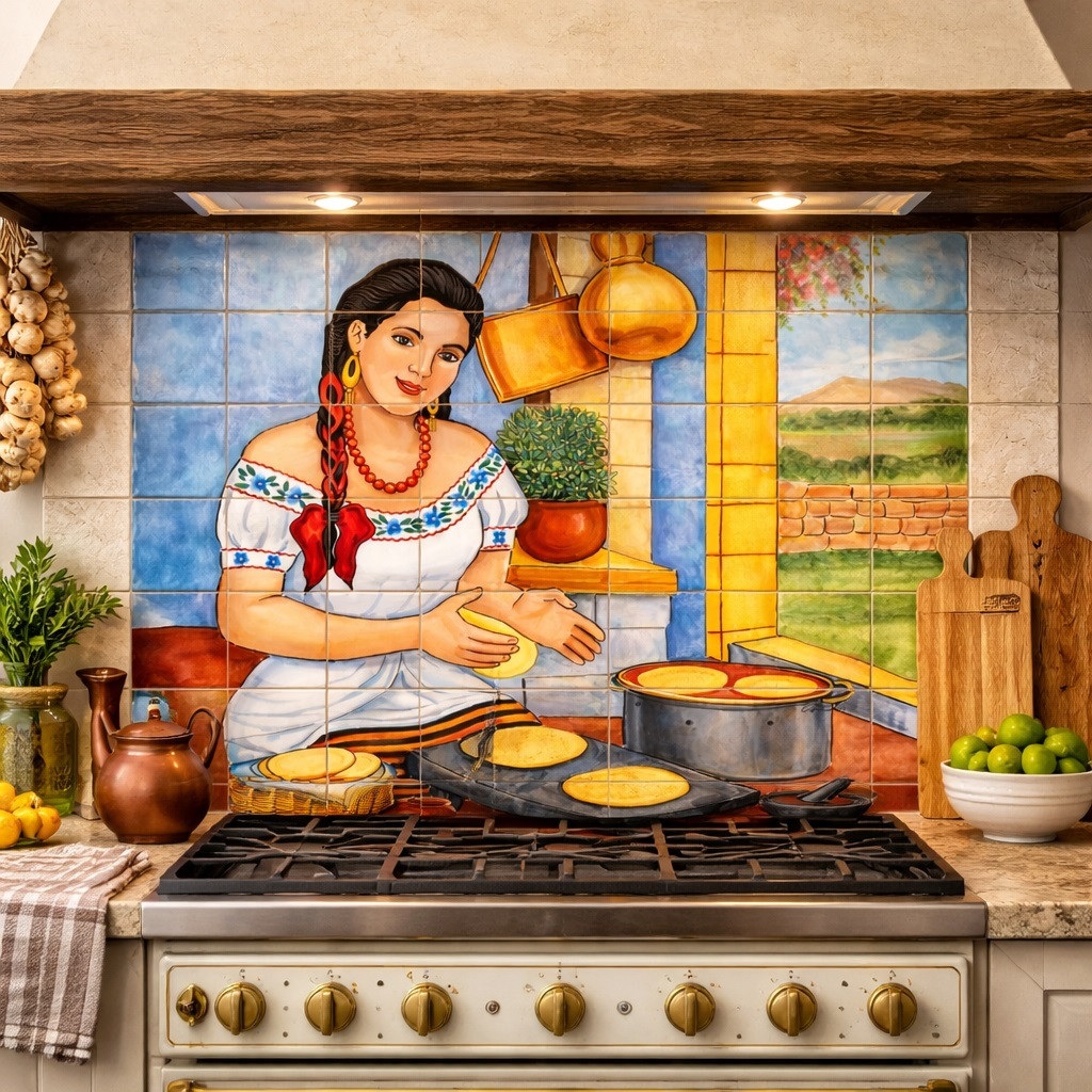 Warm color talavera tile mural Mexican kitchen scene in kitchen backsplash with warm rustic tones