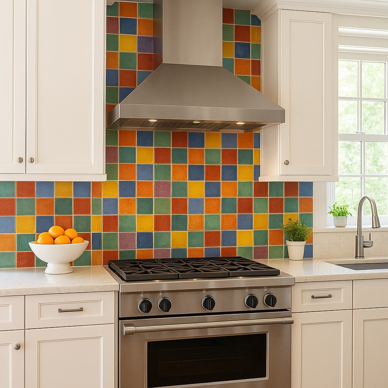 Transitional style kitchen with Mexican solid color tiles installed on the entire backsplash wall