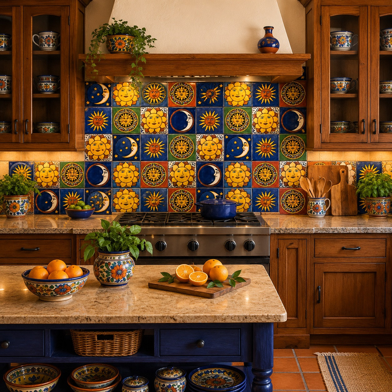 Mexican sun and moon tile mix installed as a vivid kitchen backsplash with folk-art charm