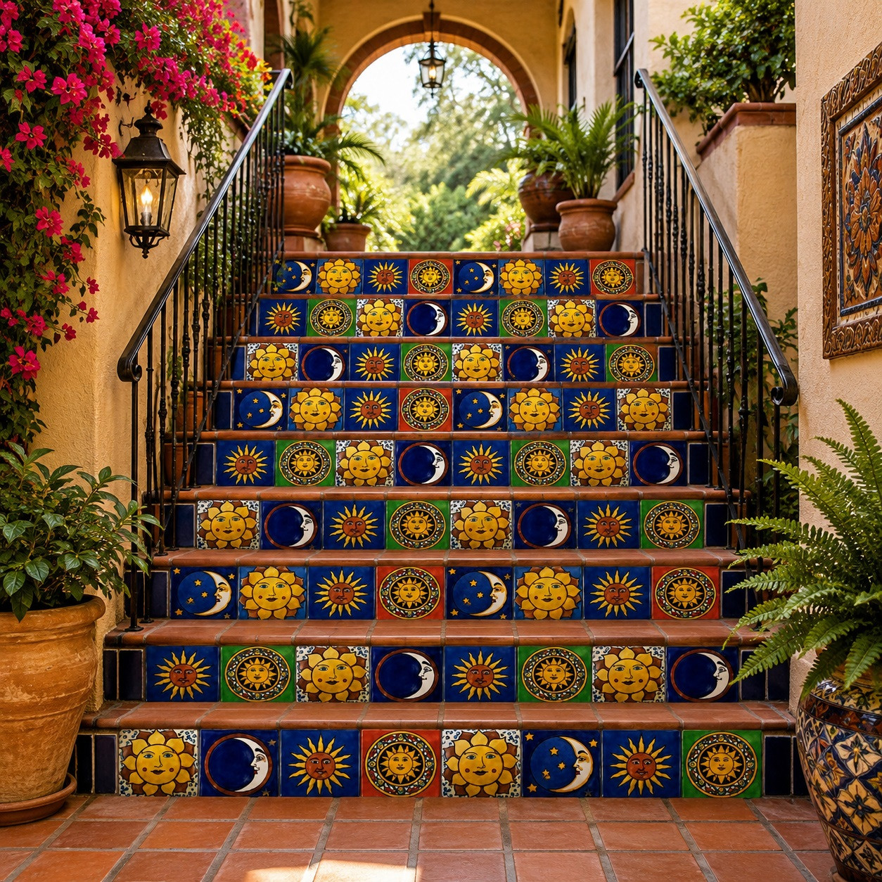 Mexican sun and moon tile mix decorating stair risers in a rhythmic sun and moon pattern