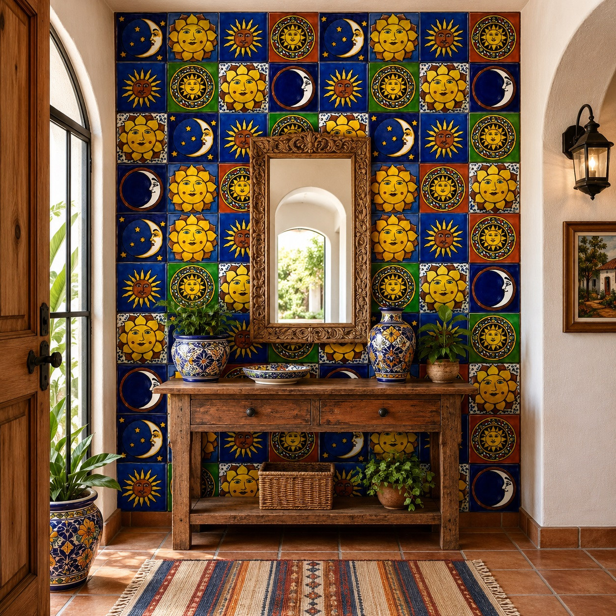 Mexican sun and moon tile mix featured on an entryway wall as a bright folk-art accent