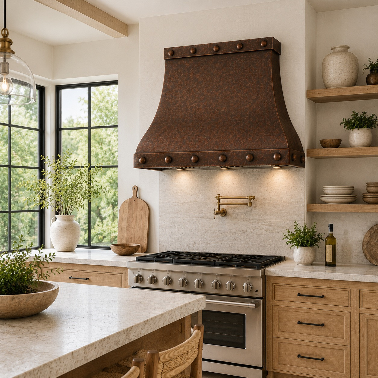 Hammered curved apron copper range hood in a bright California transitional kitchen with white oak cabinetry and large windows