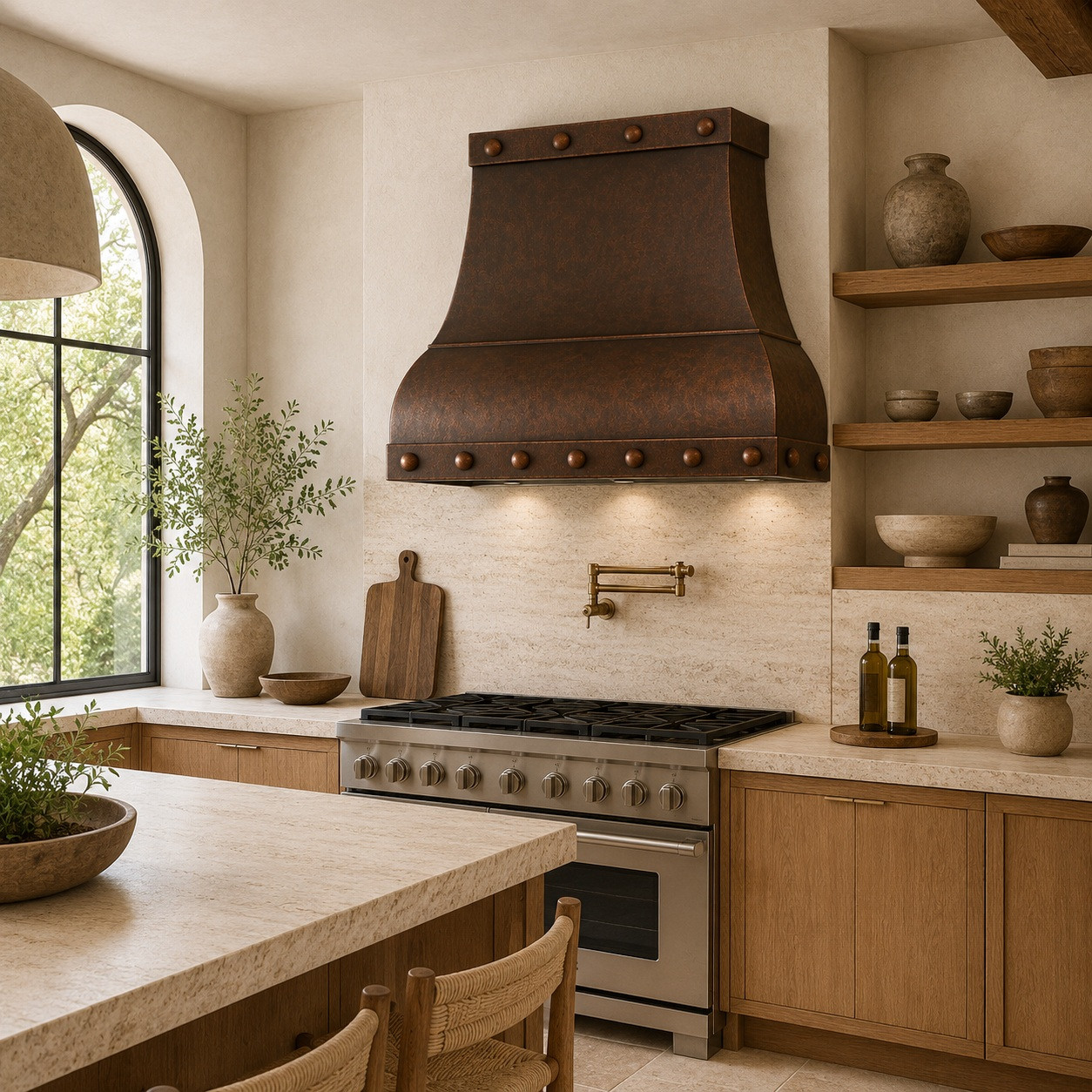 Hammered curved apron copper range hood in a large organic modern kitchen with natural oak cabinetry, limestone, plaster walls, and abundant daylight