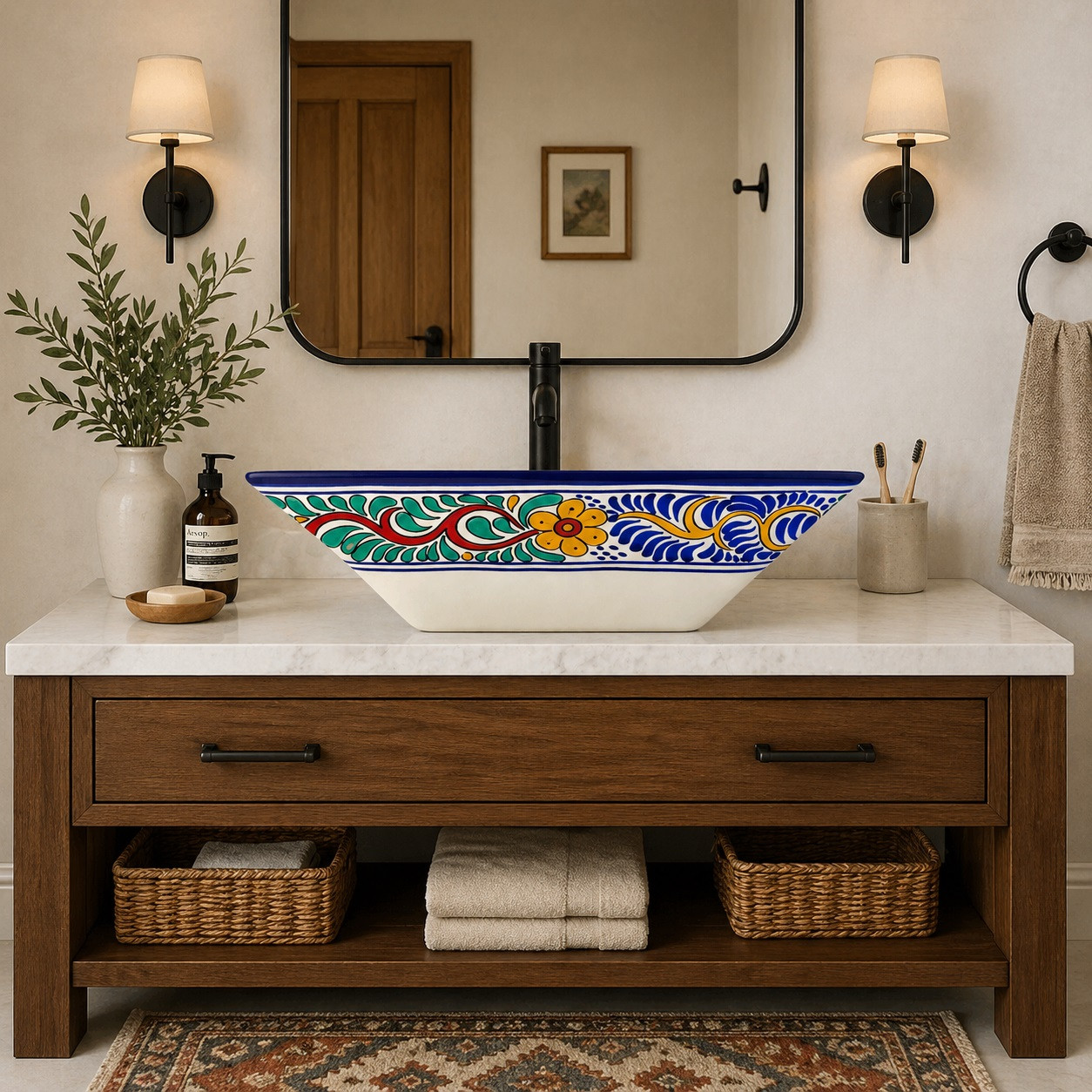 Koi fish talavera vessel rectangular sink above countertop in a bathroom vanity with natural light and warm tones