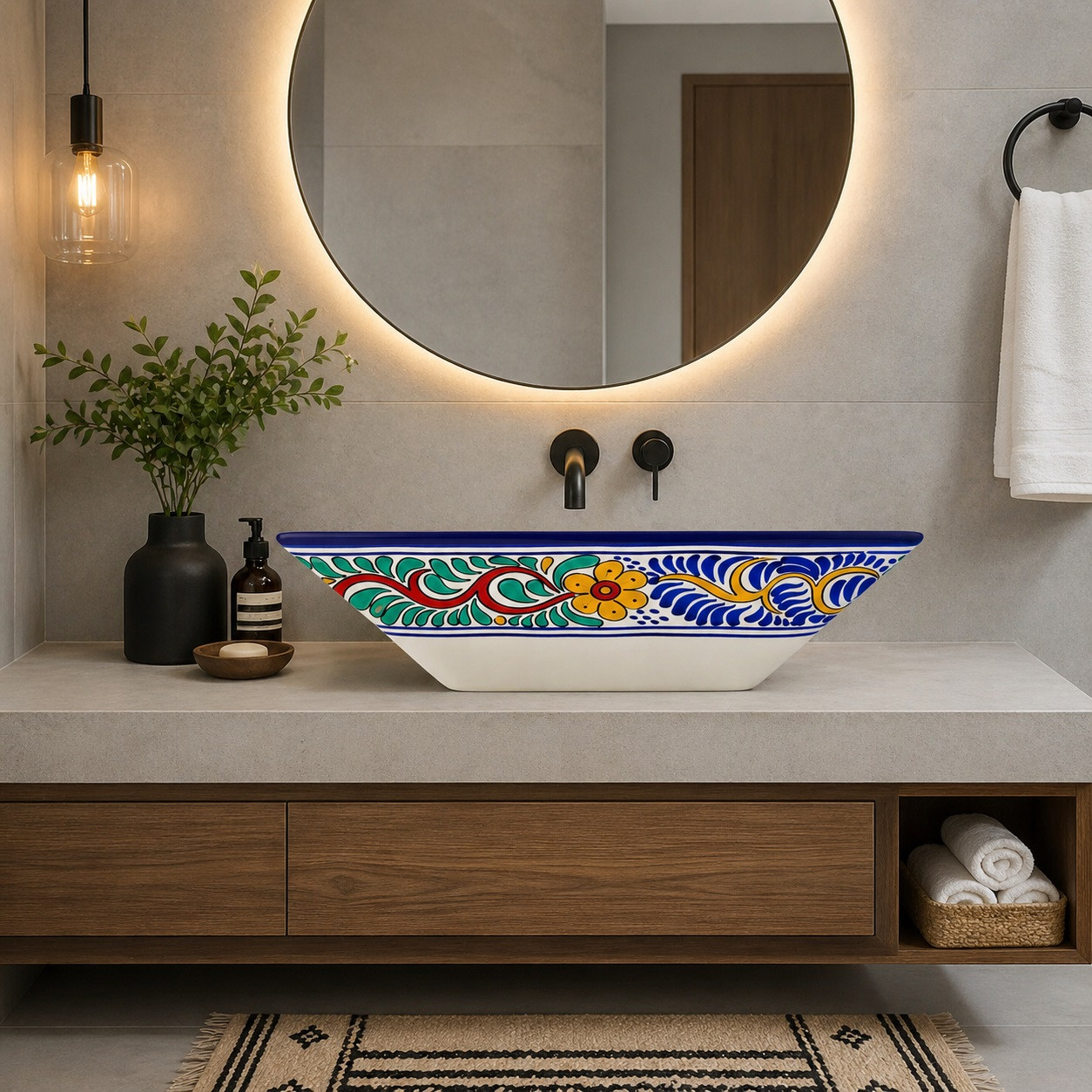 Koi fish talavera vessel rectangular sink above countertop in a modern bathroom with clean lines and neutral palette