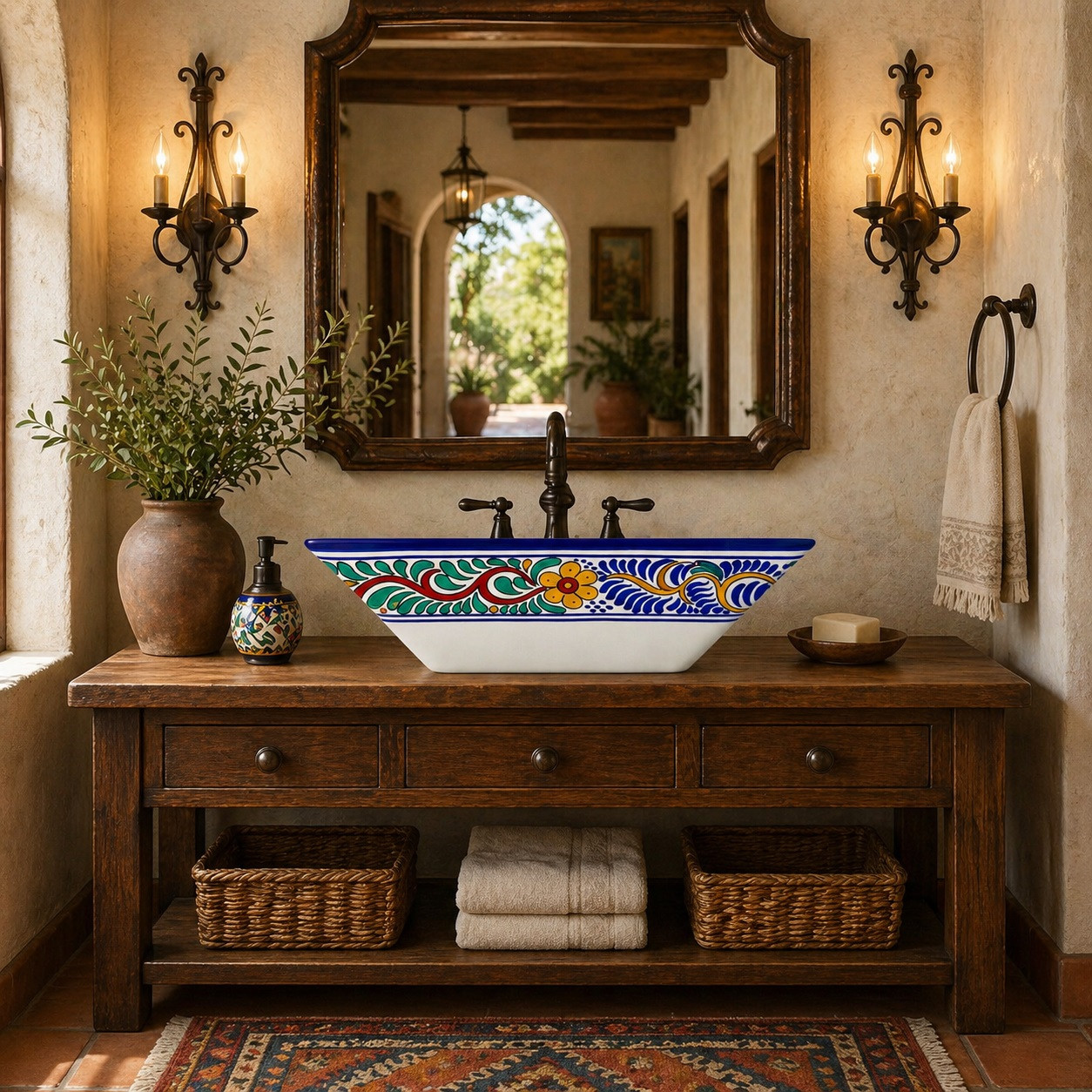 Koi fish talavera vessel rectangular sink above countertop in a hacienda interior with wood beams and earthy finishes