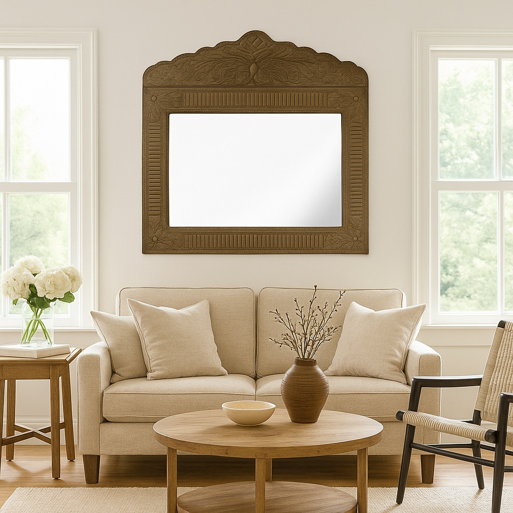 Hammered tin mirror with an arched floral frame in a colonial revival style living room