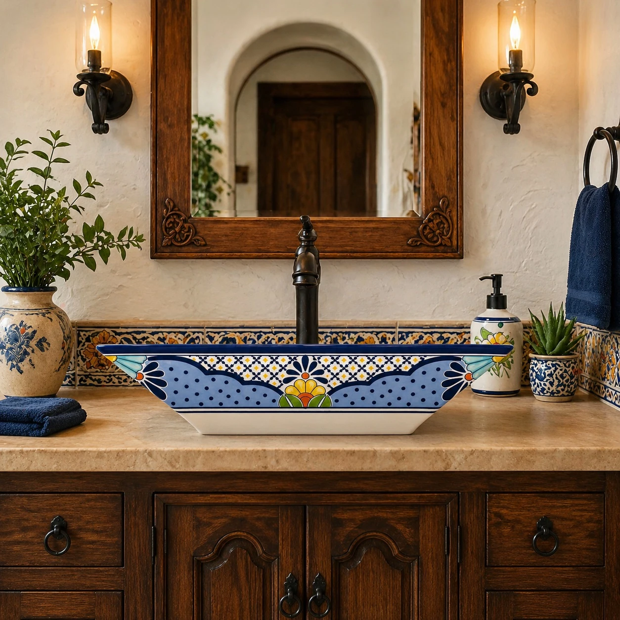 Blue floral talavera vessel rectangular sink above countertop in a bathroom vanity with warm wood and soft lighting