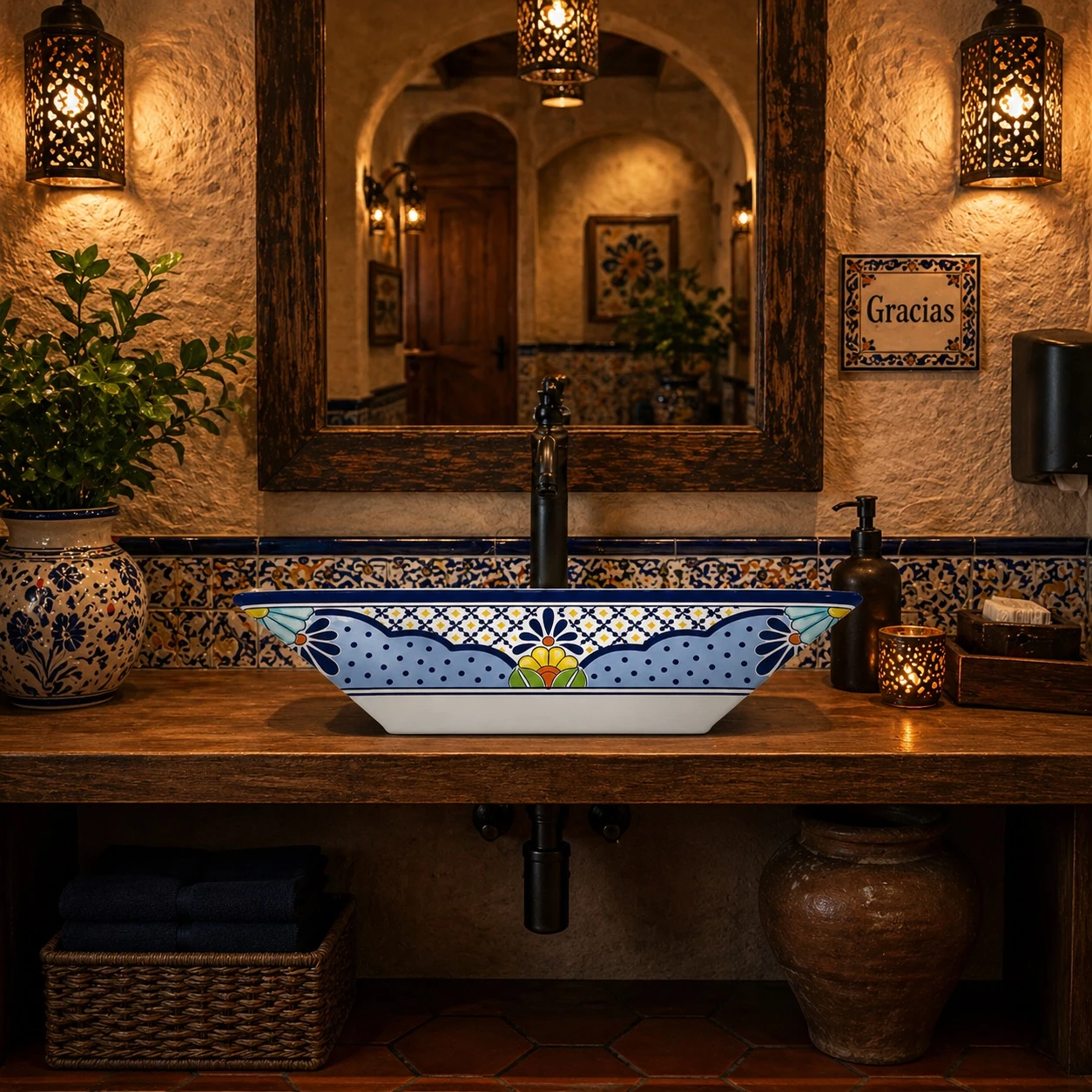 Blue floral talavera vessel rectangular sink above countertop in a restaurant restroom with decorative ambiance