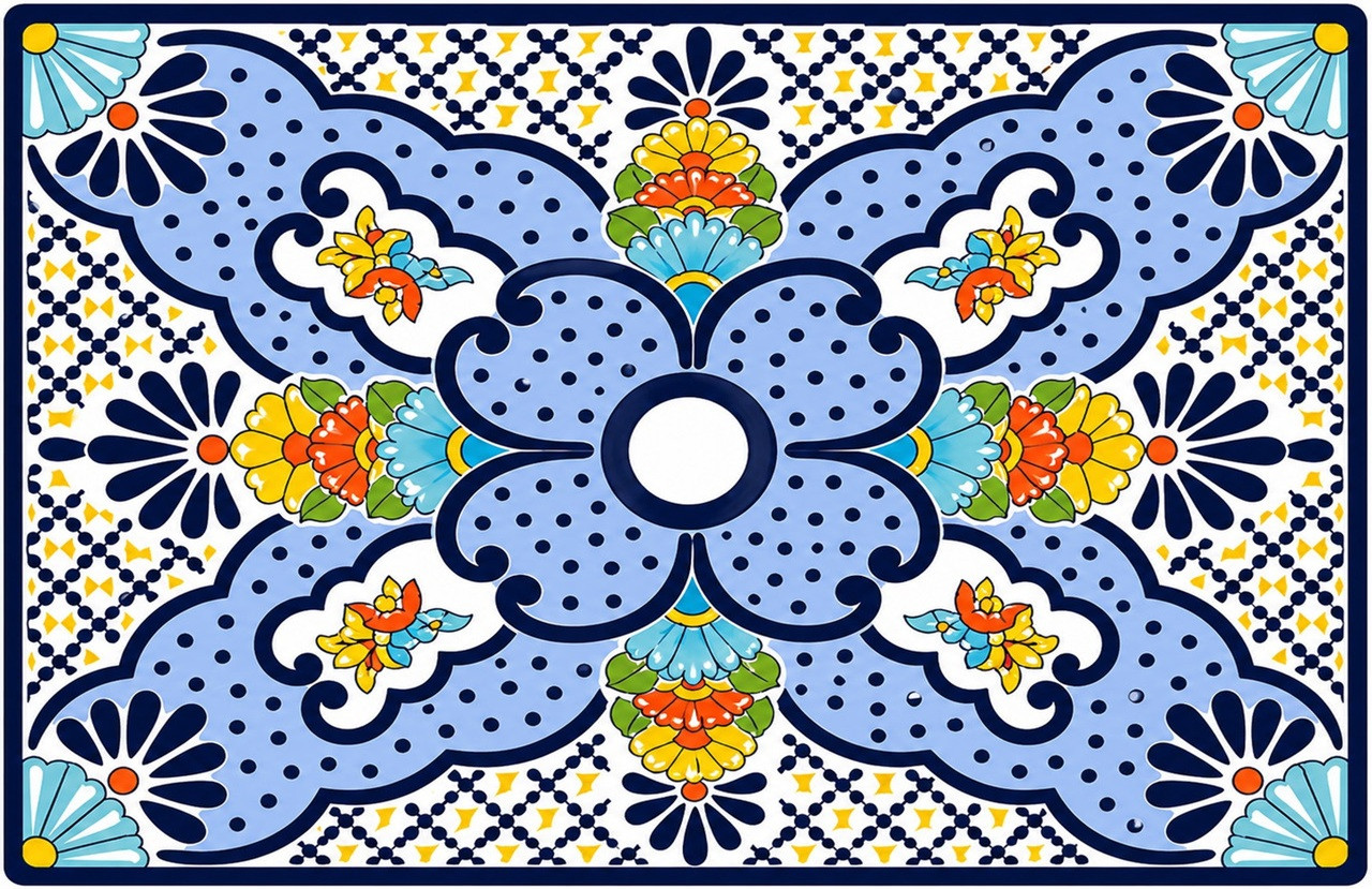 Blue floral talavera vessel rectangular sink above countertop
