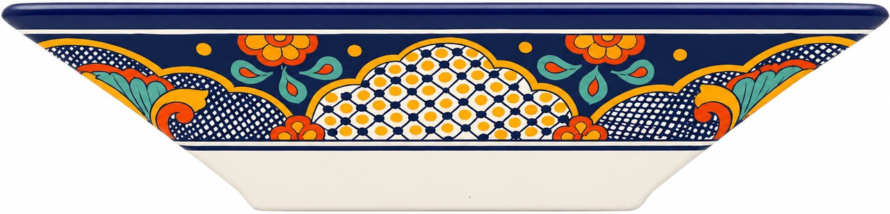 Navy floral talavera vessel rectangular sink above countertop top view