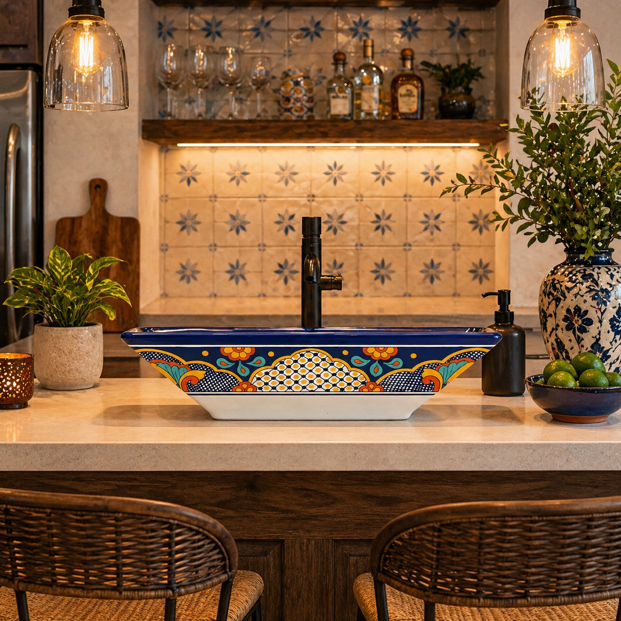 Navy floral talavera vessel rectangular sink above countertop in a kitchen bar adding bold artisan focal detail