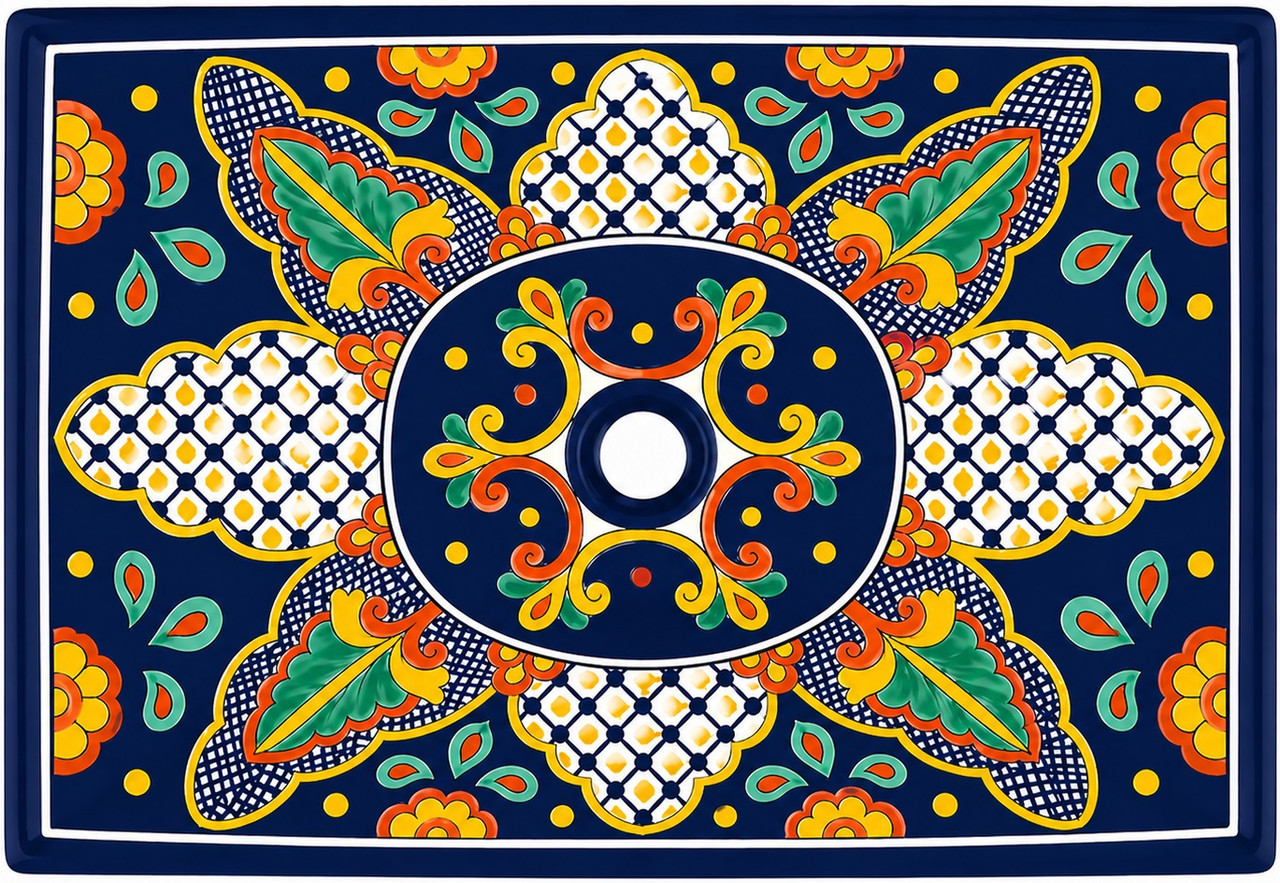 Navy floral talavera vessel rectangular sink above countertop