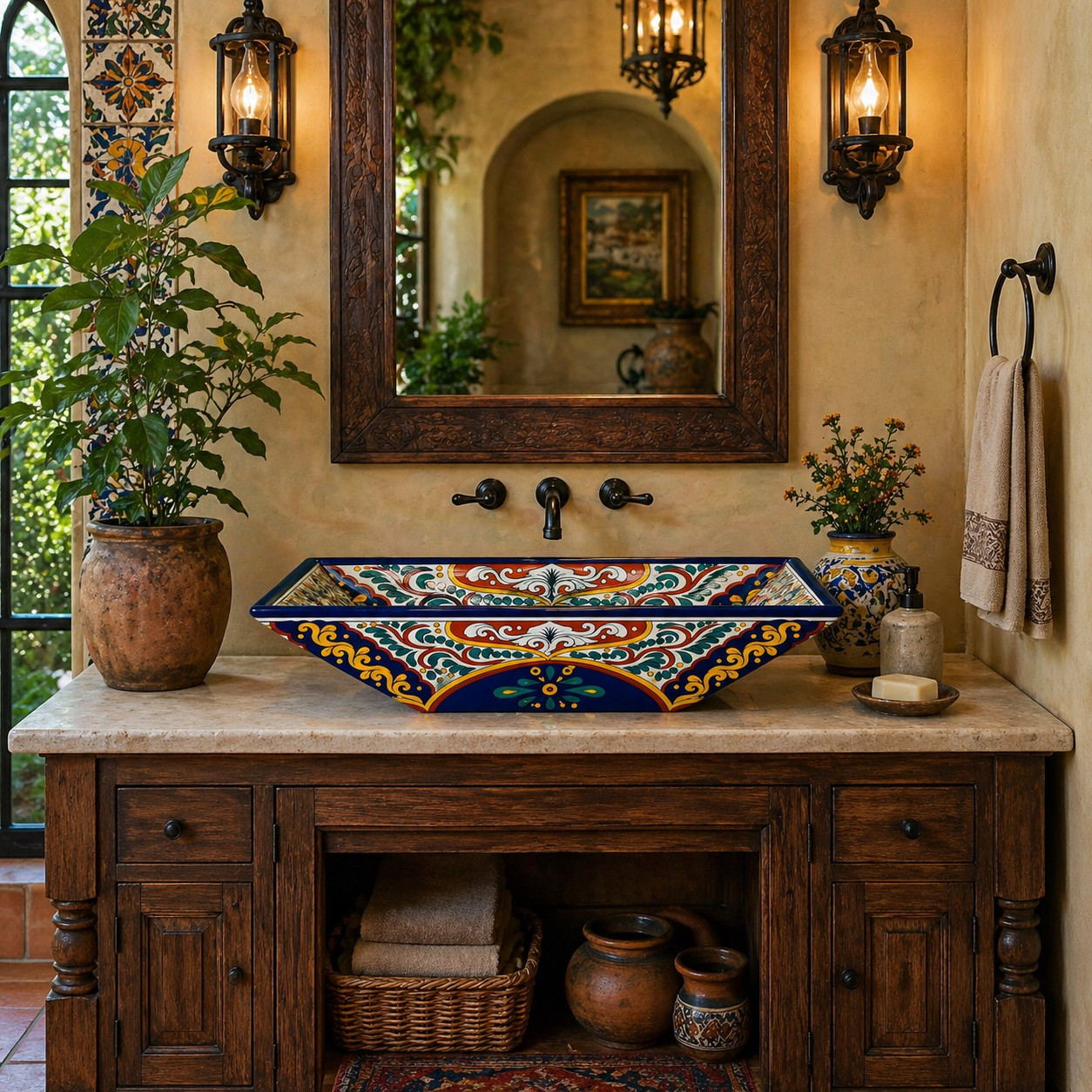 Navy geometric floral talavera vessel rectangular sink above in a bathroom vanity with warm wood and soft lighting