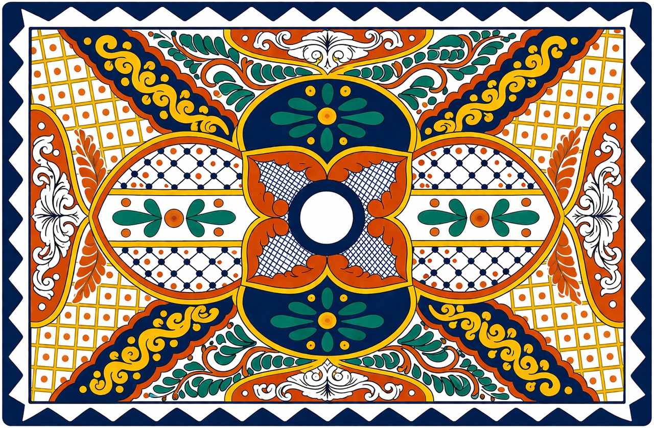 Navy geometric floral talavera vessel rectangular sink above