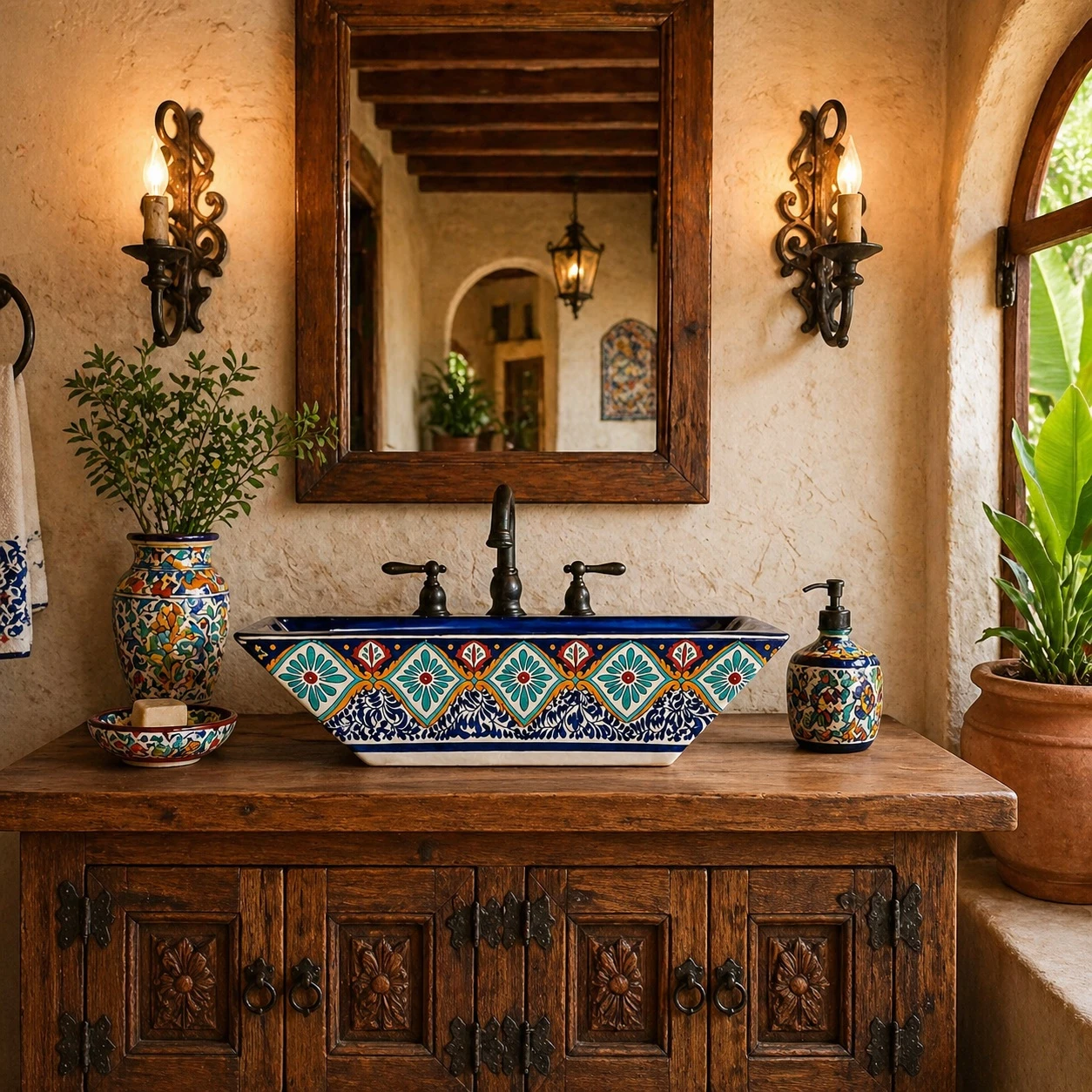 Talavera vessel rectangular sink above countertop Mexican bathroom in hacienda interior with rustic decor and natural light