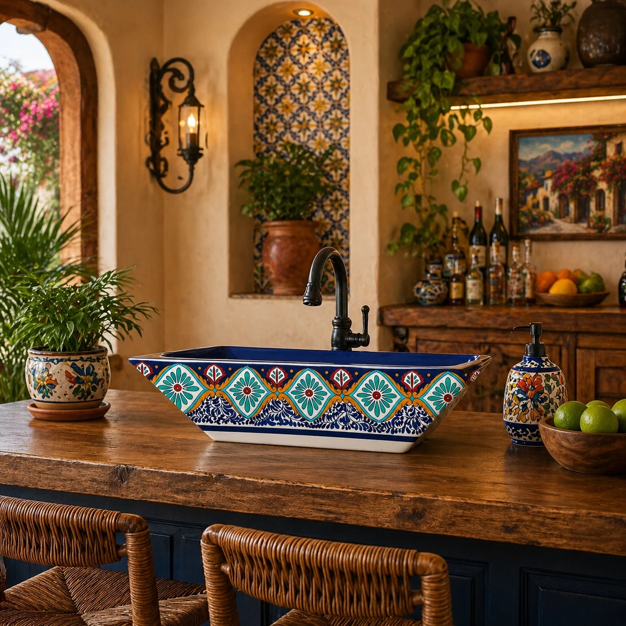 Talavera vessel rectangular sink above countertop Mexican bathroom in kitchen bar setting with artisan decor and wood surfaces