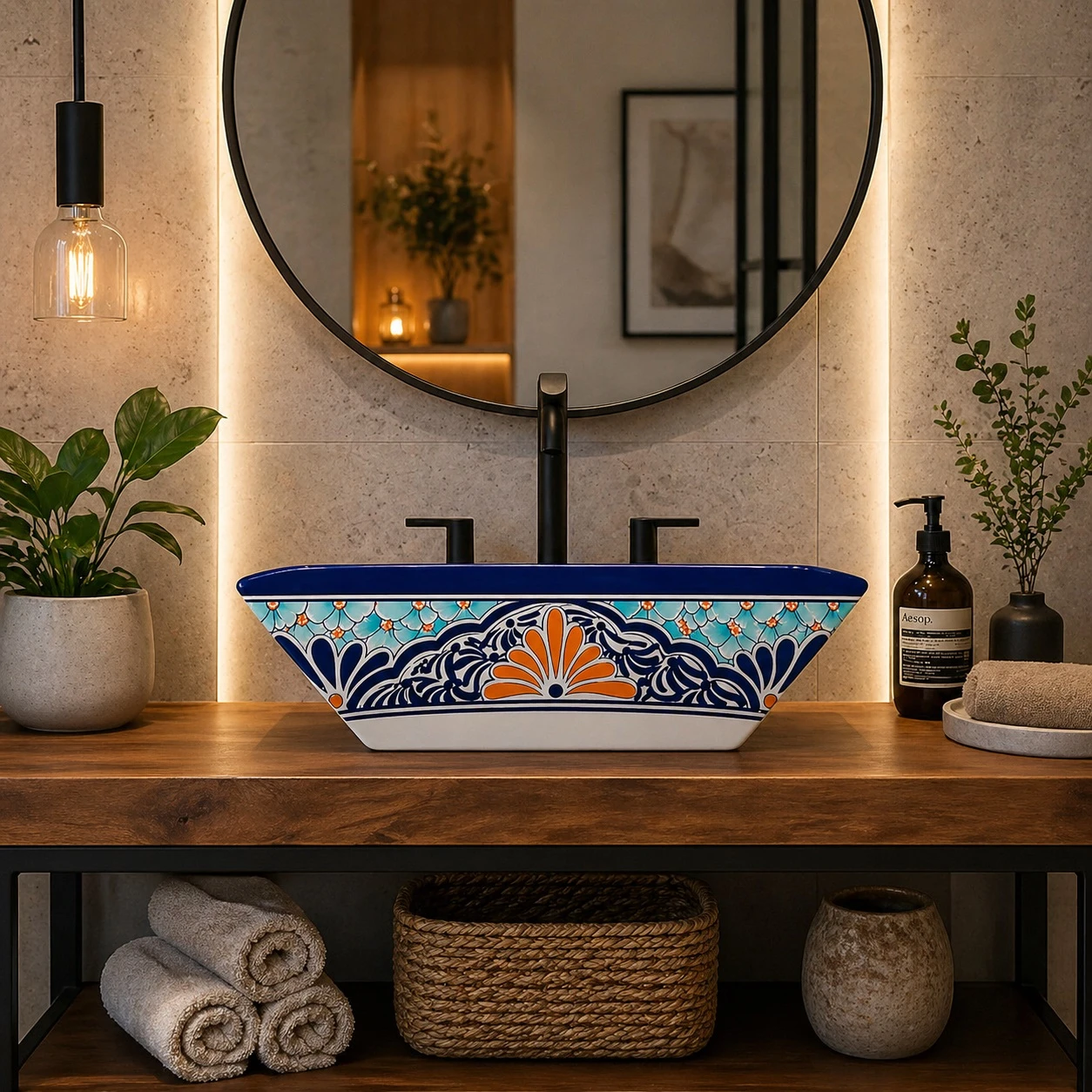 Talavera vessel rectangular sink above countertop artisan style in modern bathroom with clean lines and neutral palette