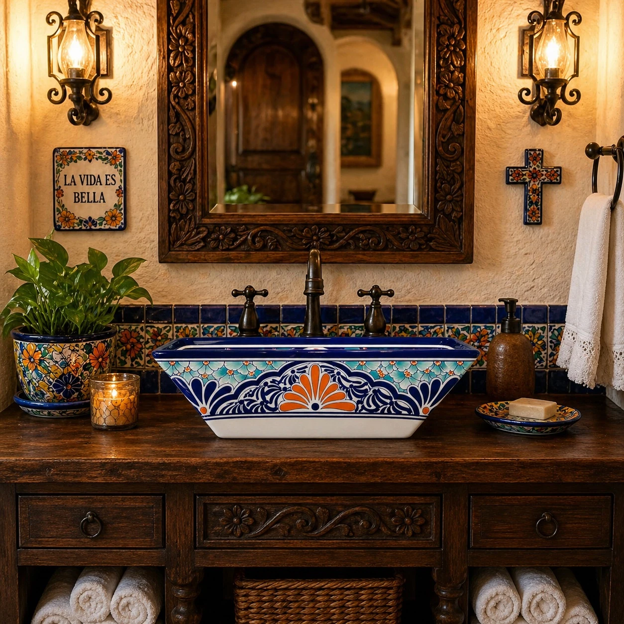 Talavera vessel rectangular sink above countertop artisan style in Spanish vanity with warm tones and textured walls