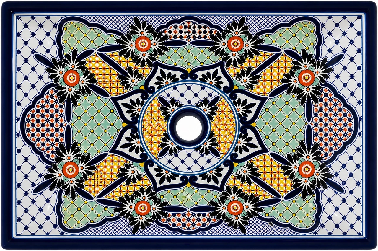 Talavera vessel rectangular sink above countertop lattice floral