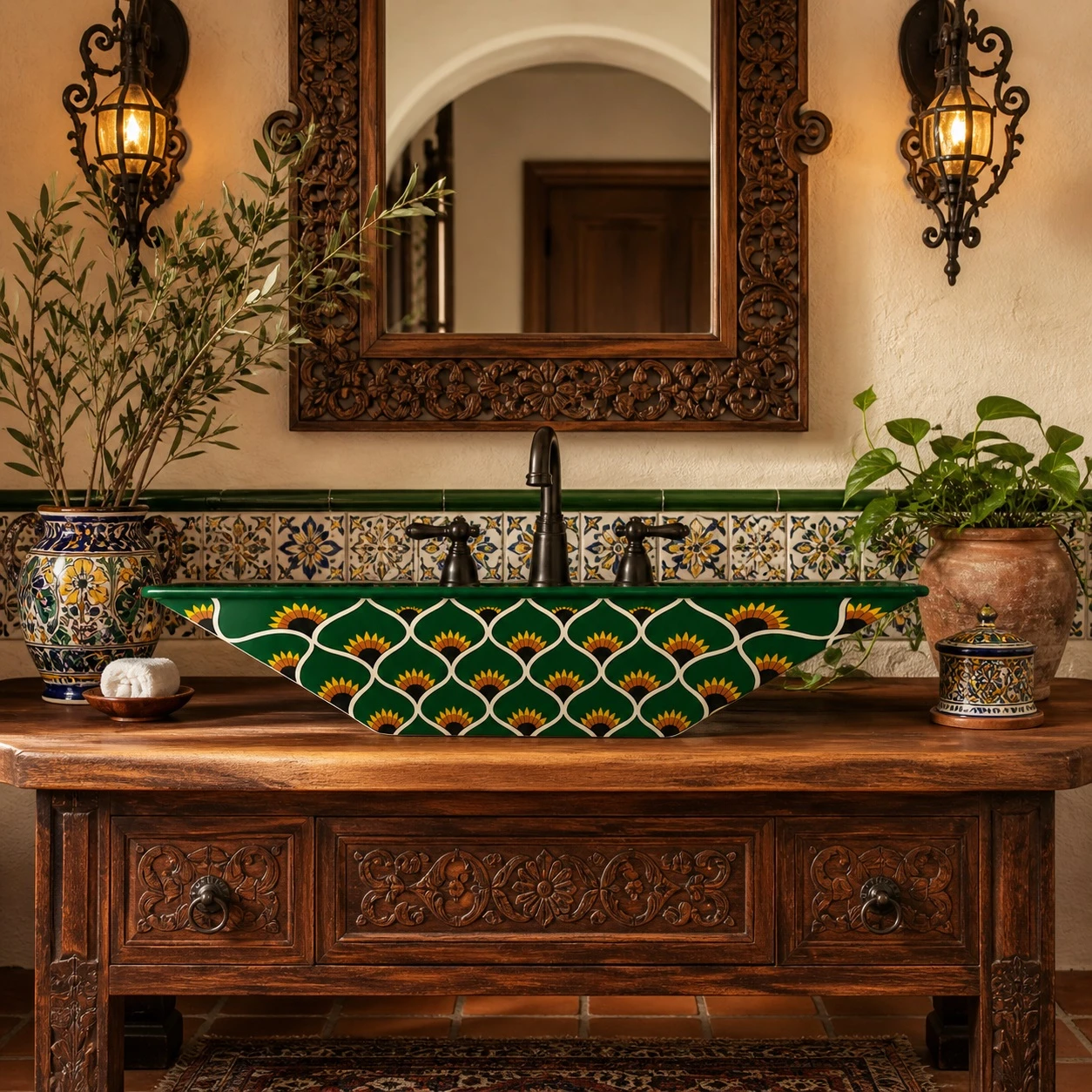 Talavera vessel rectangular sink above countertop sunflower design in Spanish vanity with wood and tile accents