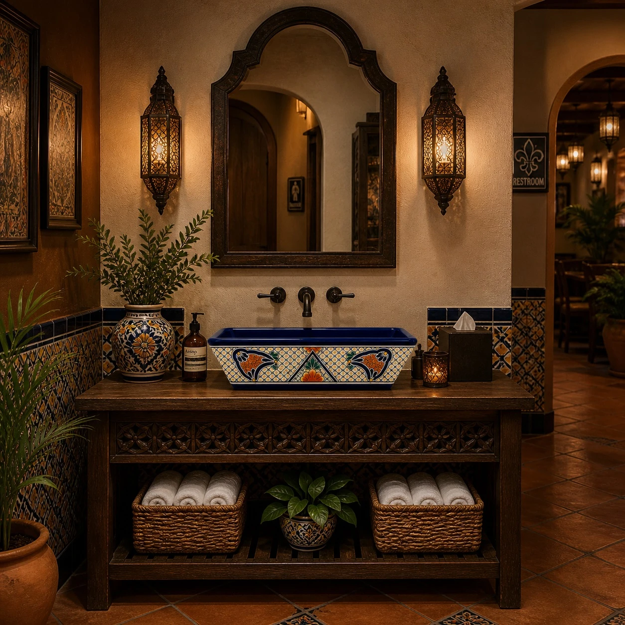 Talavera vessel rectangular sink above countertop floral heritage design in restaurant restroom design