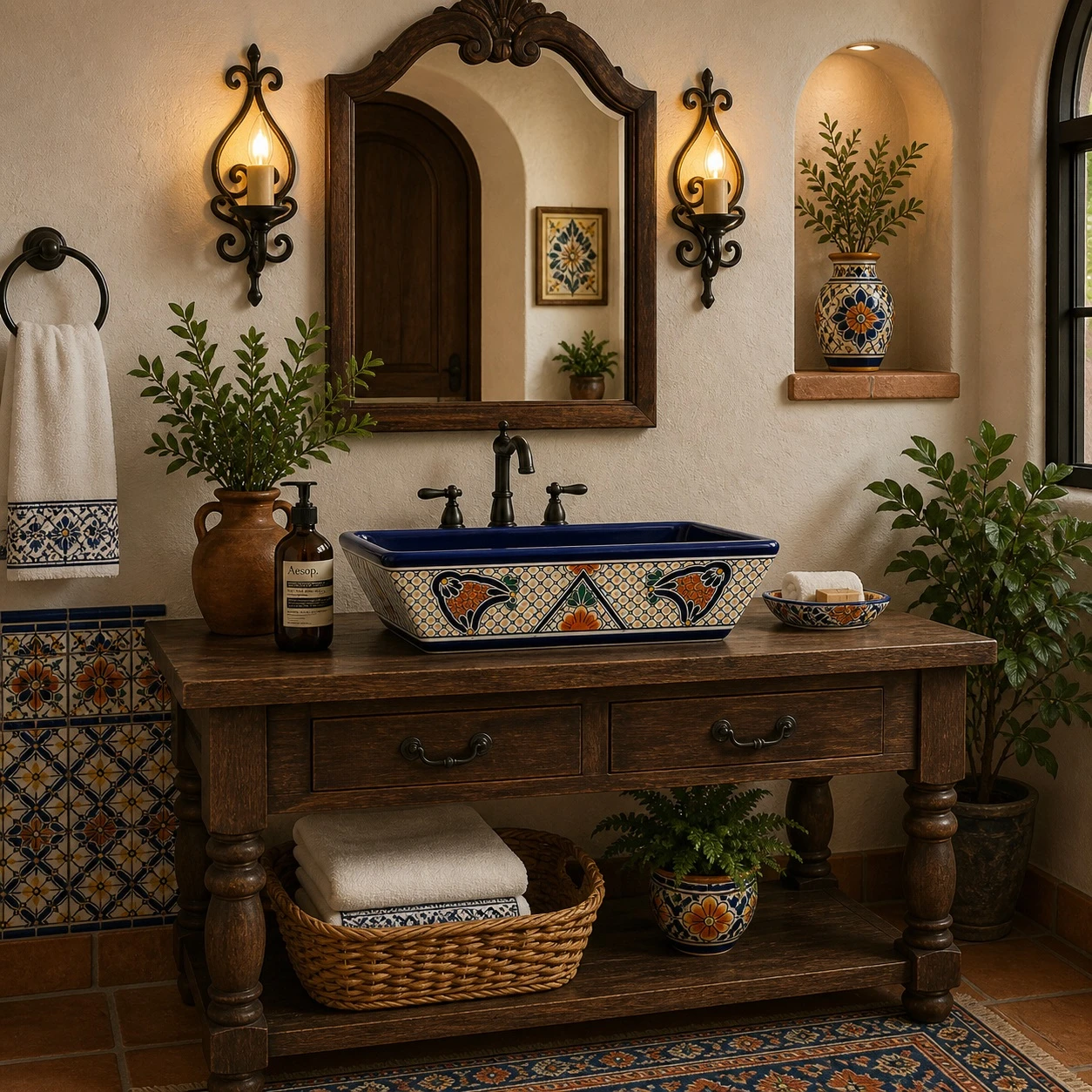 Talavera vessel rectangular sink above countertop floral heritage design in Spanish vanity bathroom