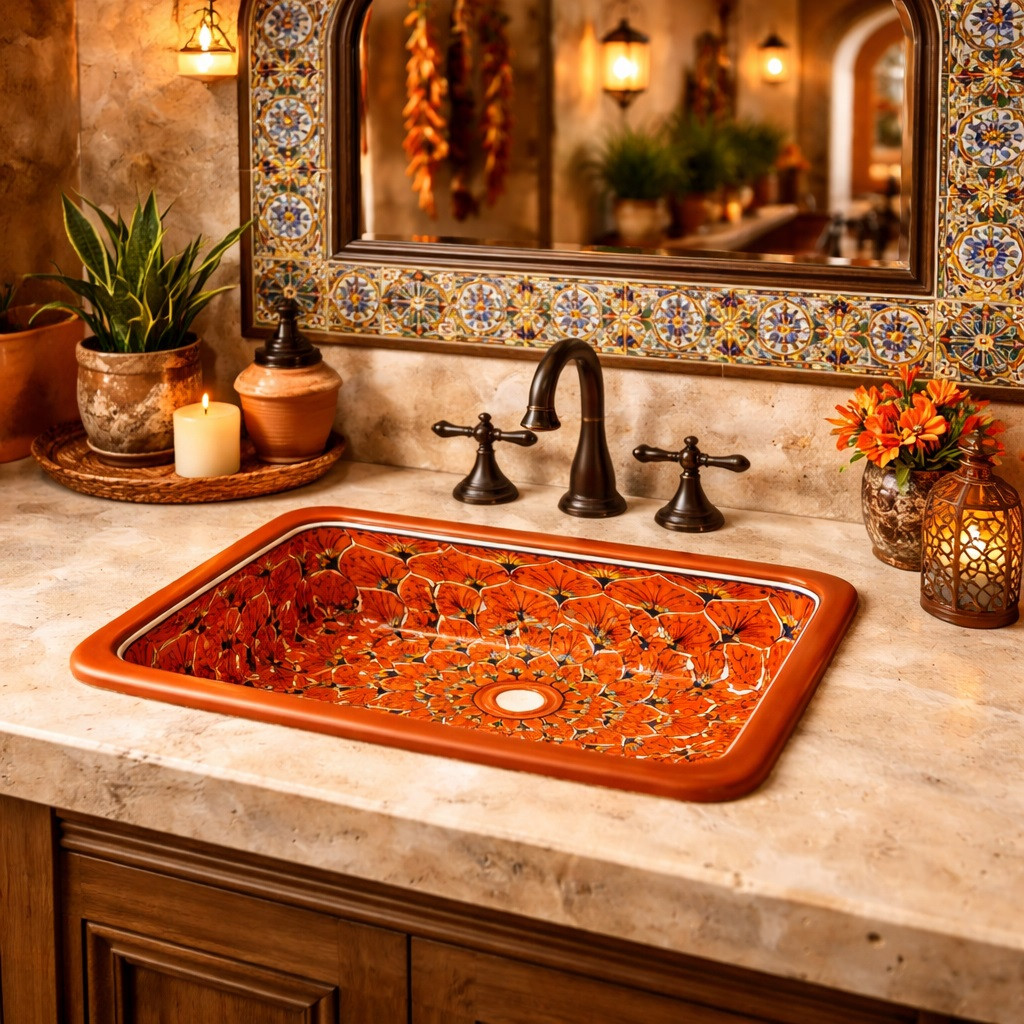 Rectangular talavera bathroom sink terracotta floral design handmade in Spanish Revival interior with rustic finishes