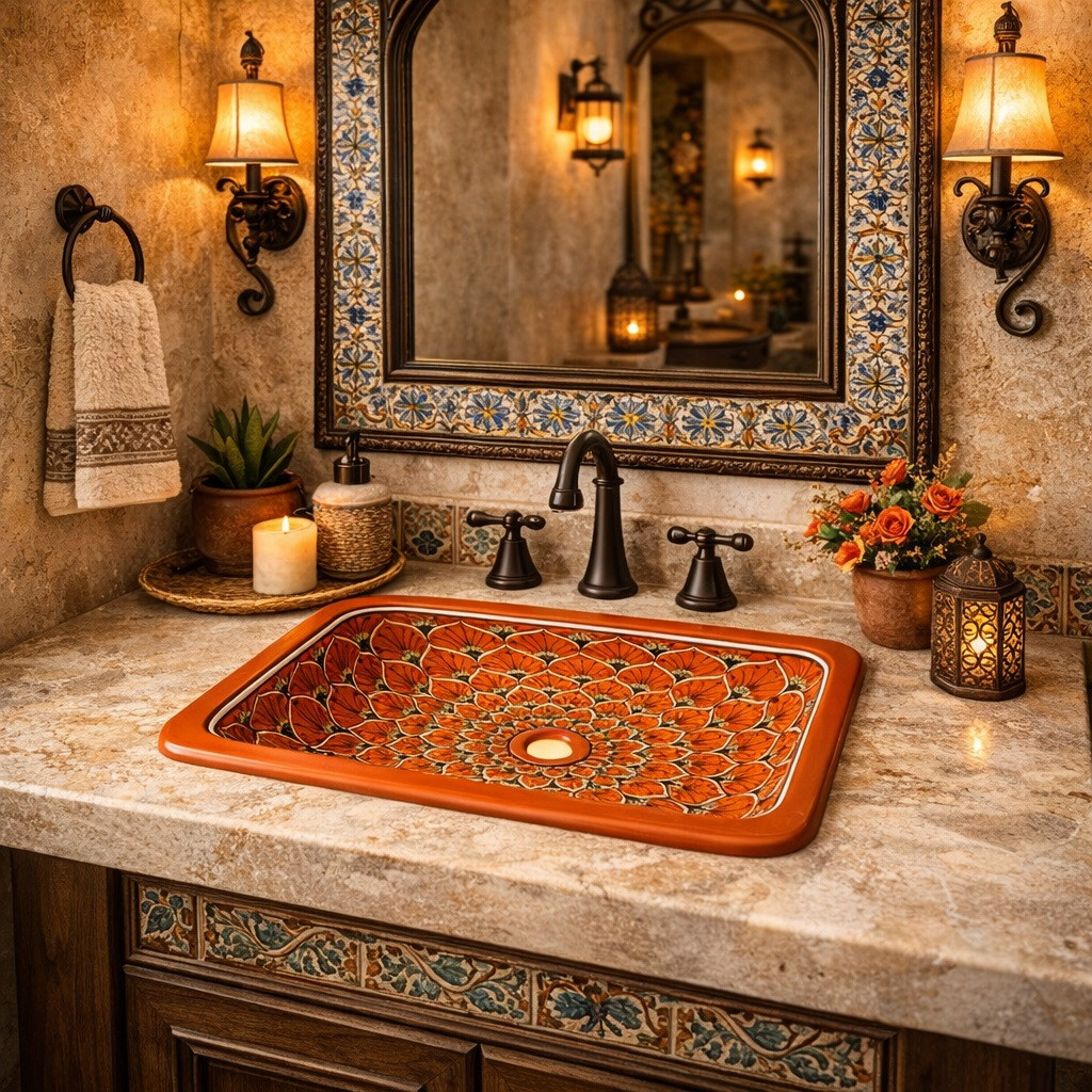 Rectangular talavera bathroom sink terracotta floral design handmade in stylish powder room with artisan details