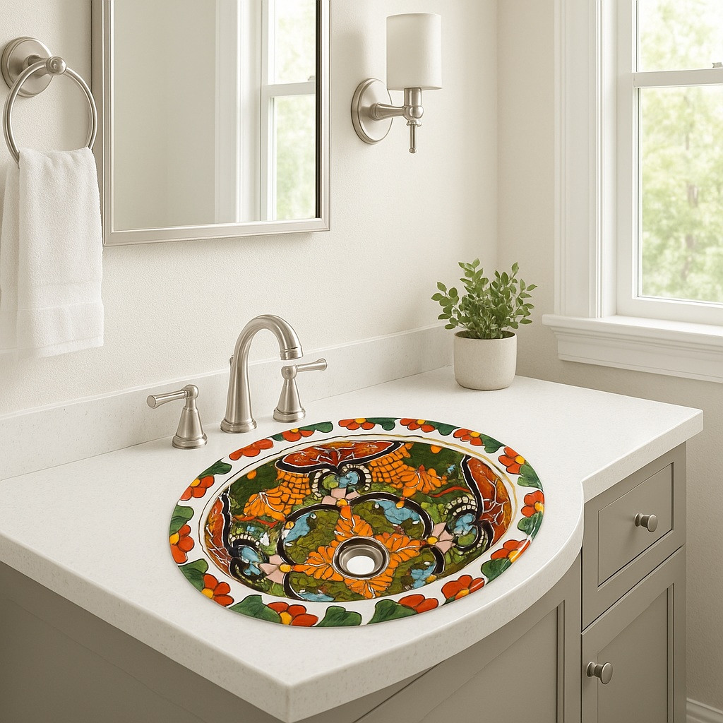 プリントアート Wash basin 絵画 額付き インテリア Oval Talavera Bathroom Sink – Floral Hand Painted