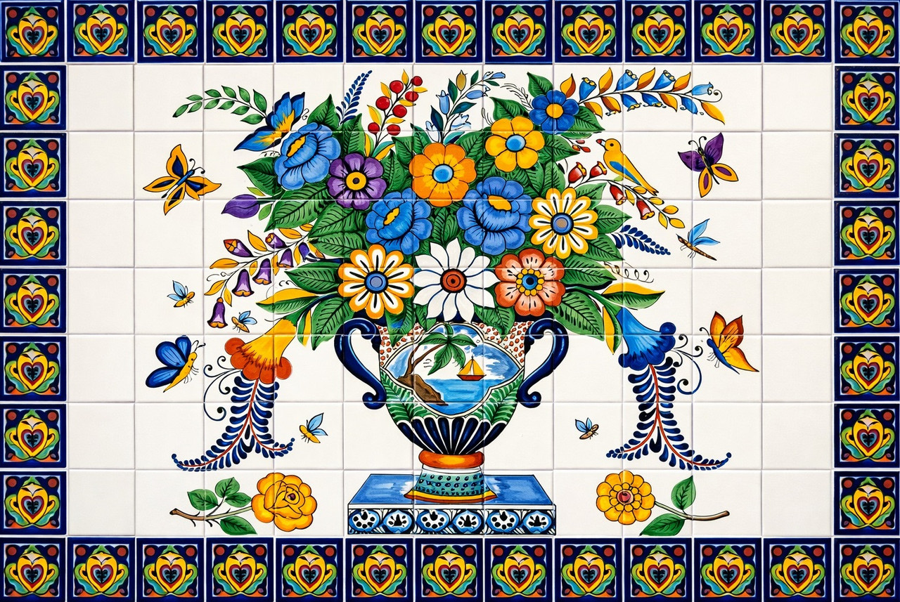 Mexican talavera floral vase tile mural