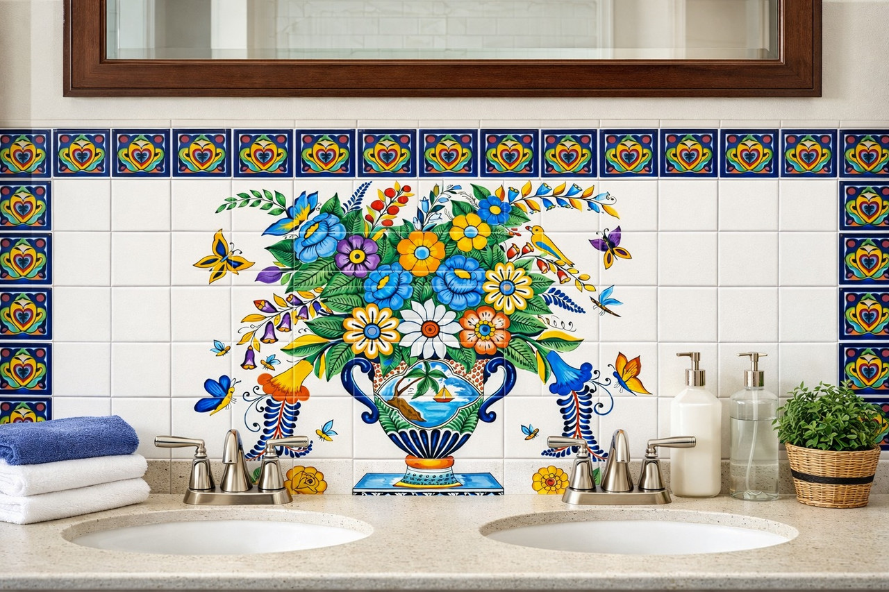 Mexican talavera floral vase tile mural used behind a bathroom vanity adding color and artisanal character