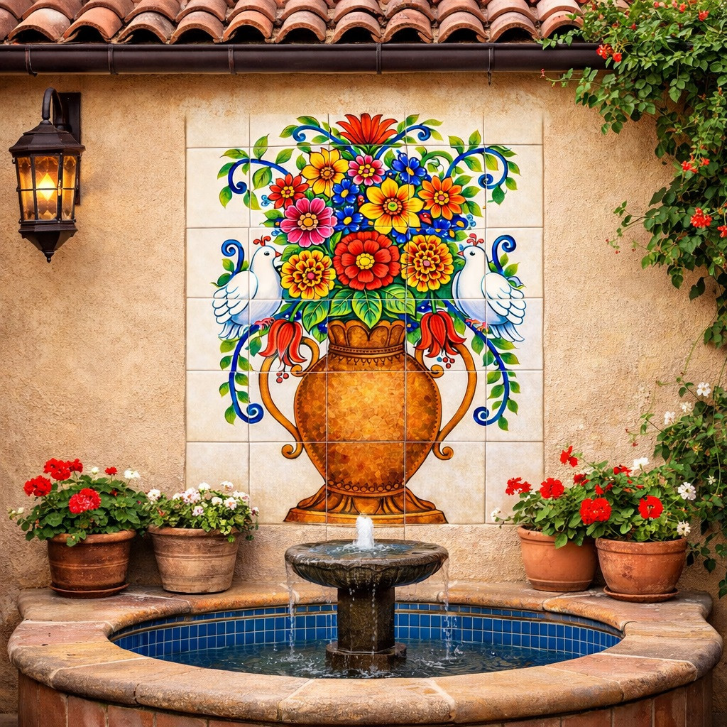 Talavera flower vase tile mural with white doves courtyard wall feature in Spanish Revival house patio setting