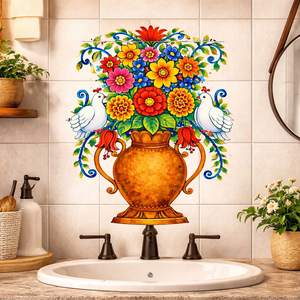 Talavera flower vase tile mural with white doves bathroom accent wall adding handcrafted Mexican ceramic design