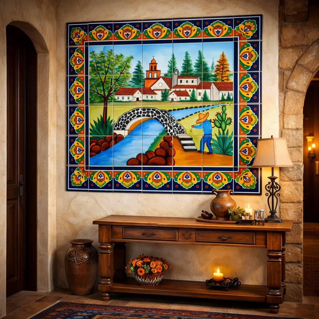 Talavera bridge village tile mural featured as artistic focal piece in house entryway with traditional decor