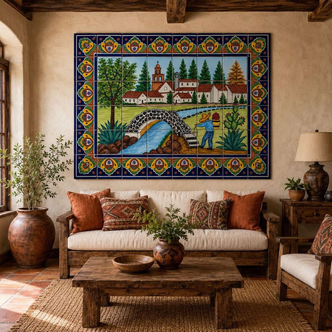 Talavera bridge village tile mural in a rustic living room with timber beams and wood furniture.
