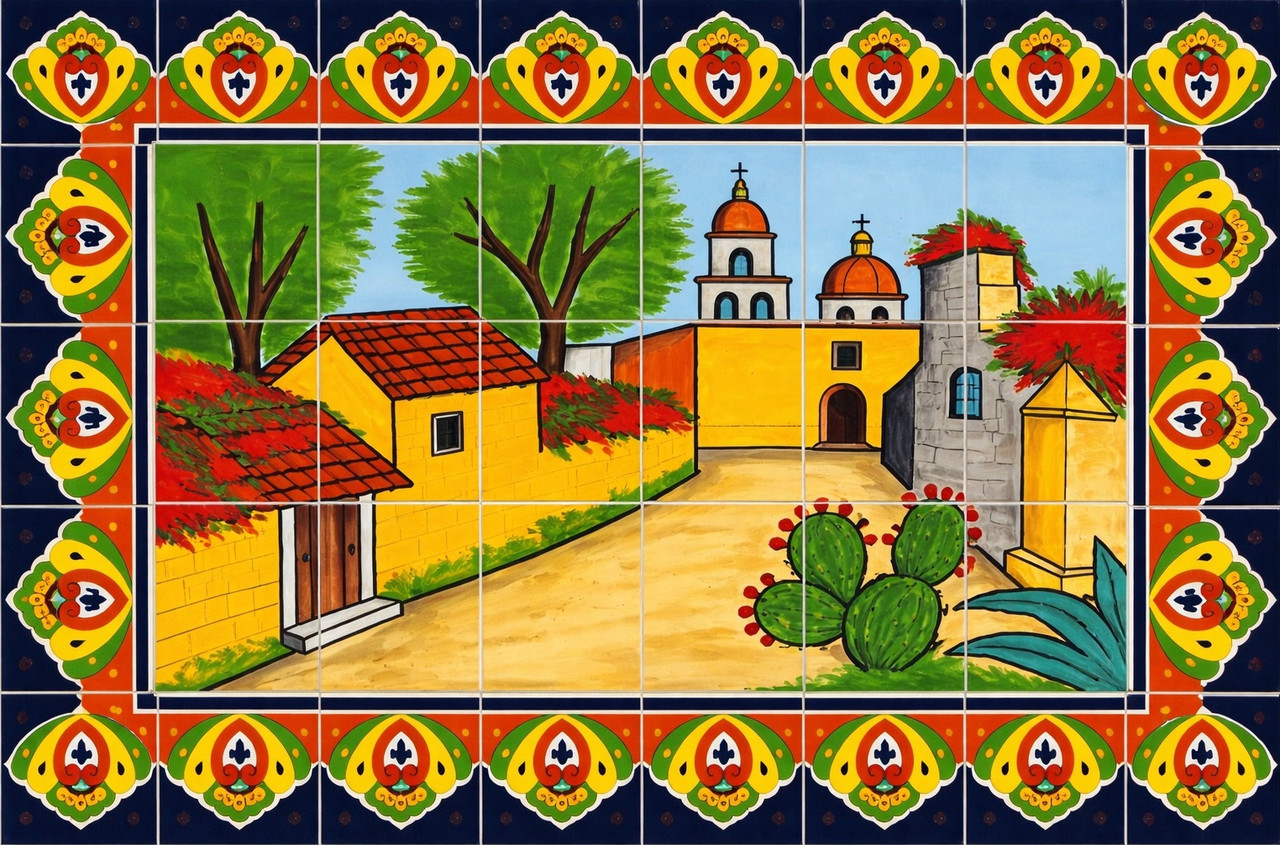 Mexican talavera tile mural colonial village