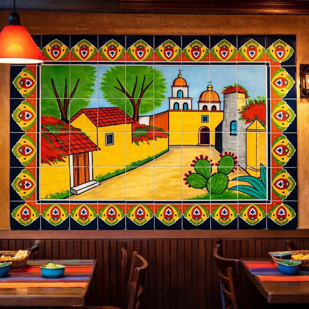 Mexican talavera tile mural colonial village featured on a restaurant wall creating a warm colonial atmosphere