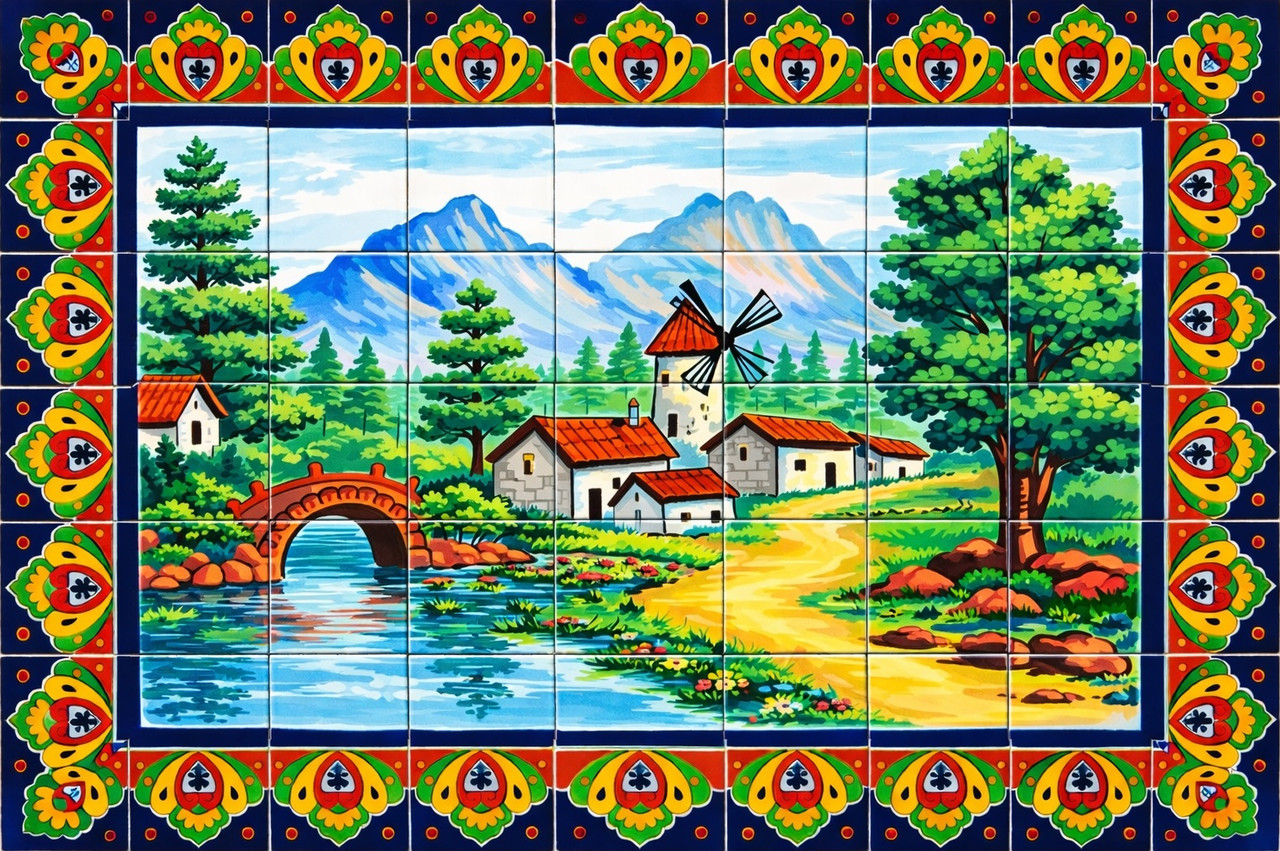 Talavera tile mural European countryside landscape