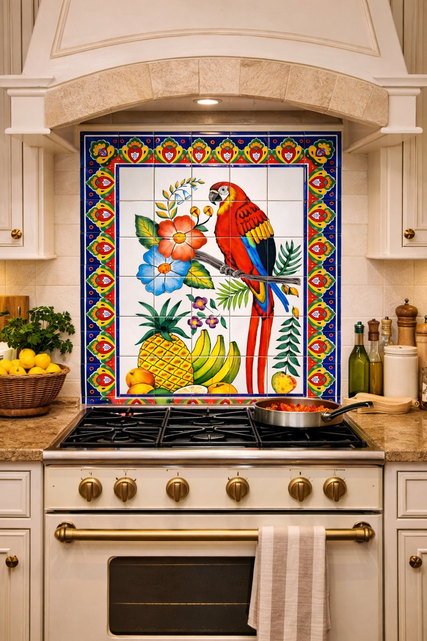 Talavera parrot tropical fruit tile mural kitchen backsplash in Mexican interior with painted tiles