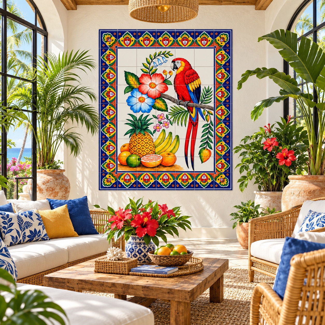 Talavera parrot tropical fruit tile mural in a tropical sunroom with lush plants and bright light.