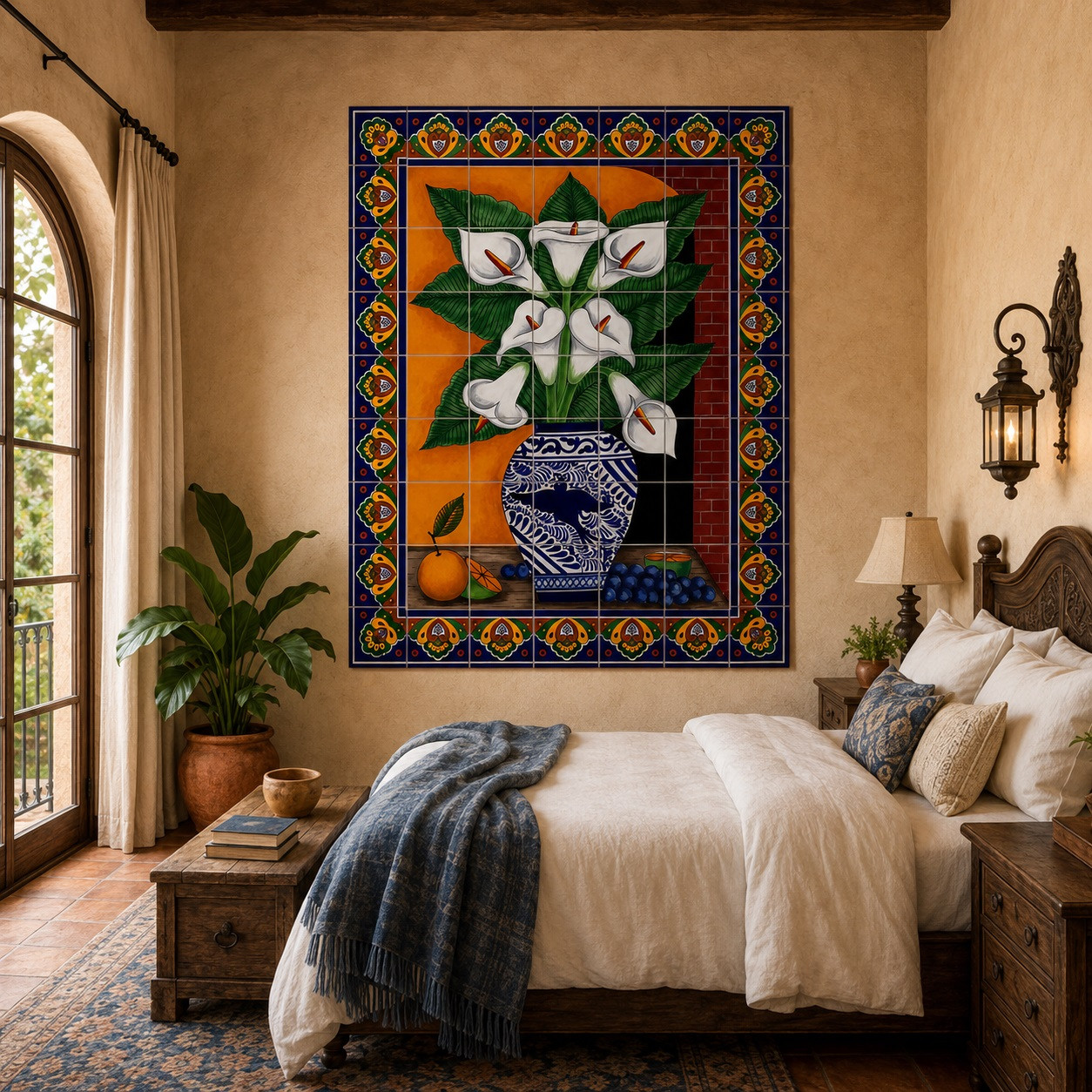 Talavera tile mural with calla lilies in a Mediterranean bedroom with rustic wood and soft linens.
