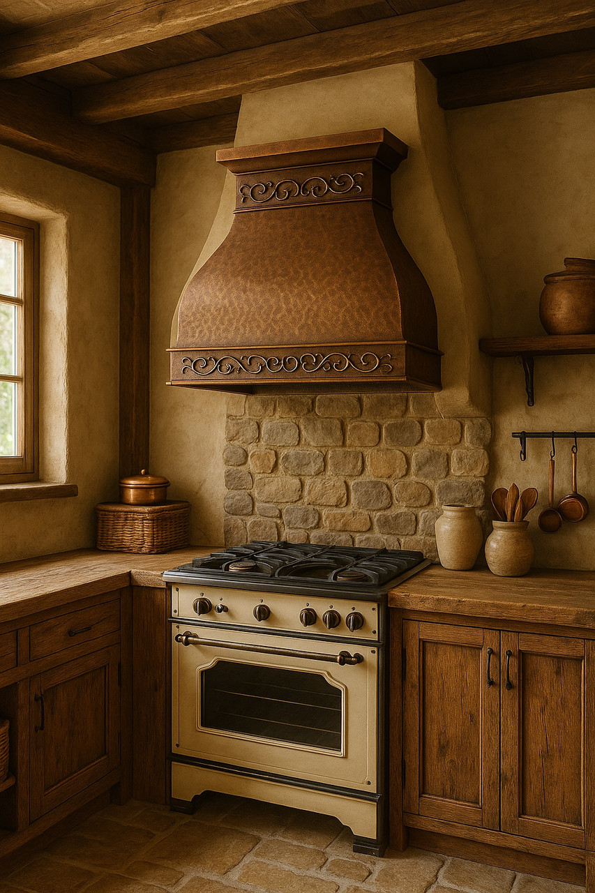 Handmade hammered copper range hood 36 inch in a rustic kitchen