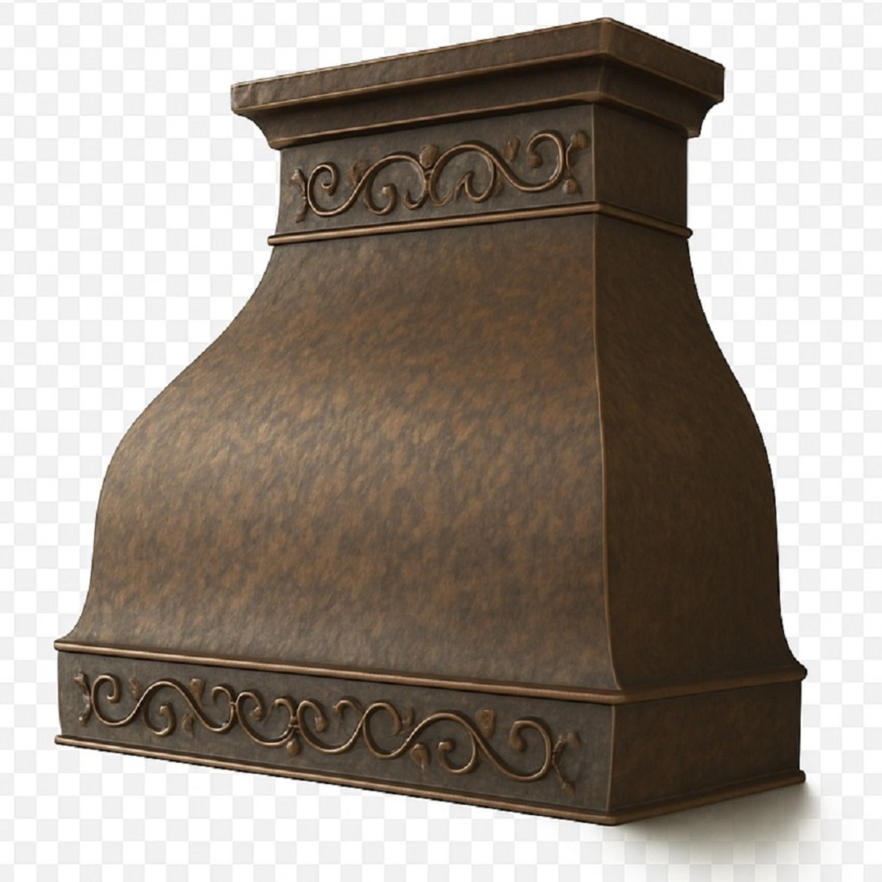 Handmade hammered copper range hood - angled view