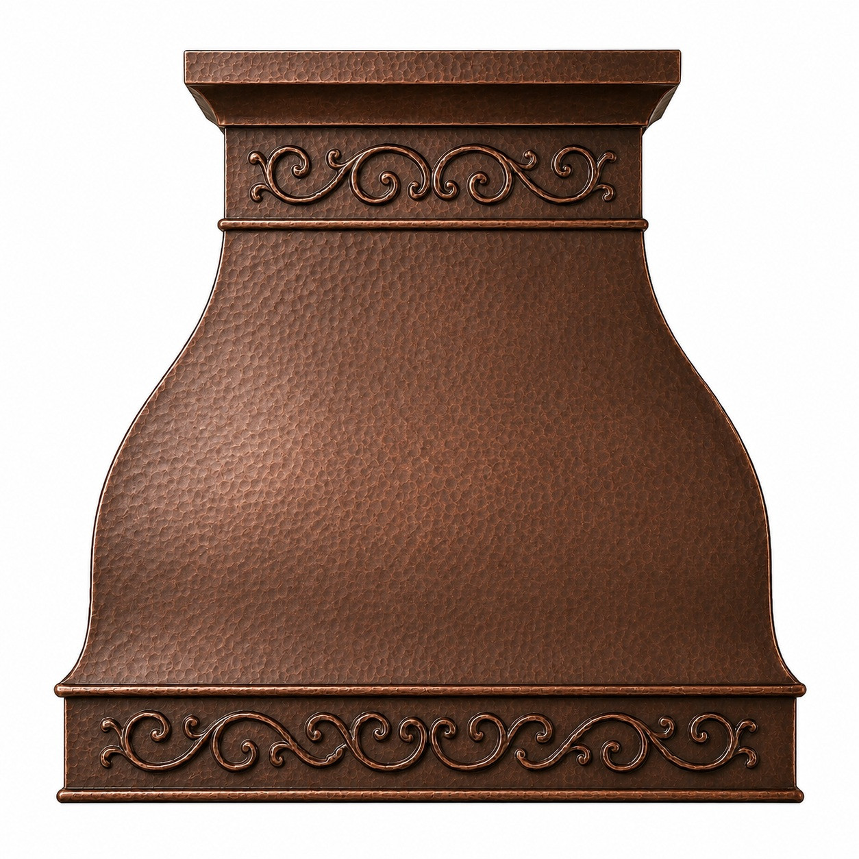 Handmade hammered copper range hood with decorative scroll bands