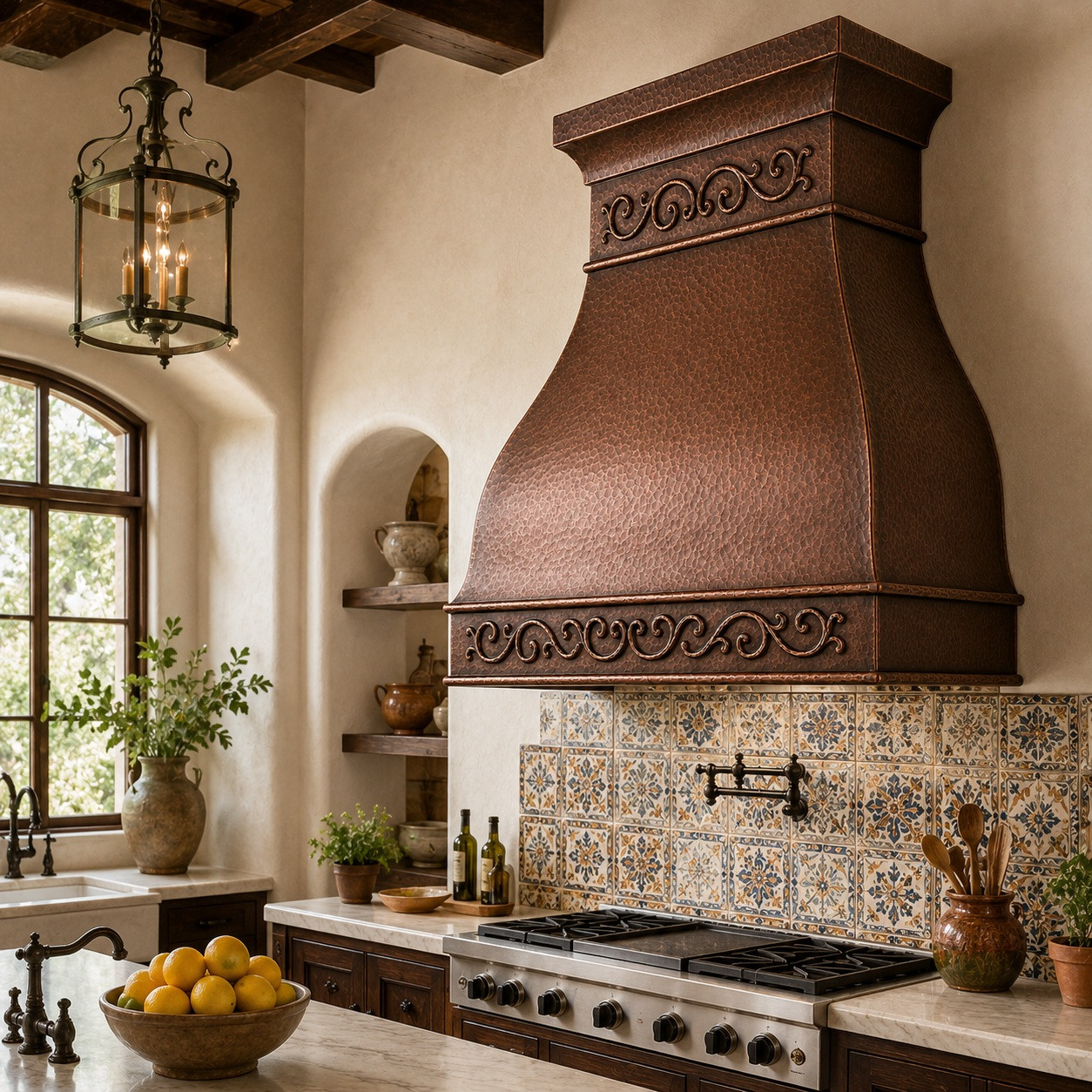 Spanish Colonial kitchen with hammered copper range hood, scrollwork apron, iron lighting, handmade tile, and warm cabinetry